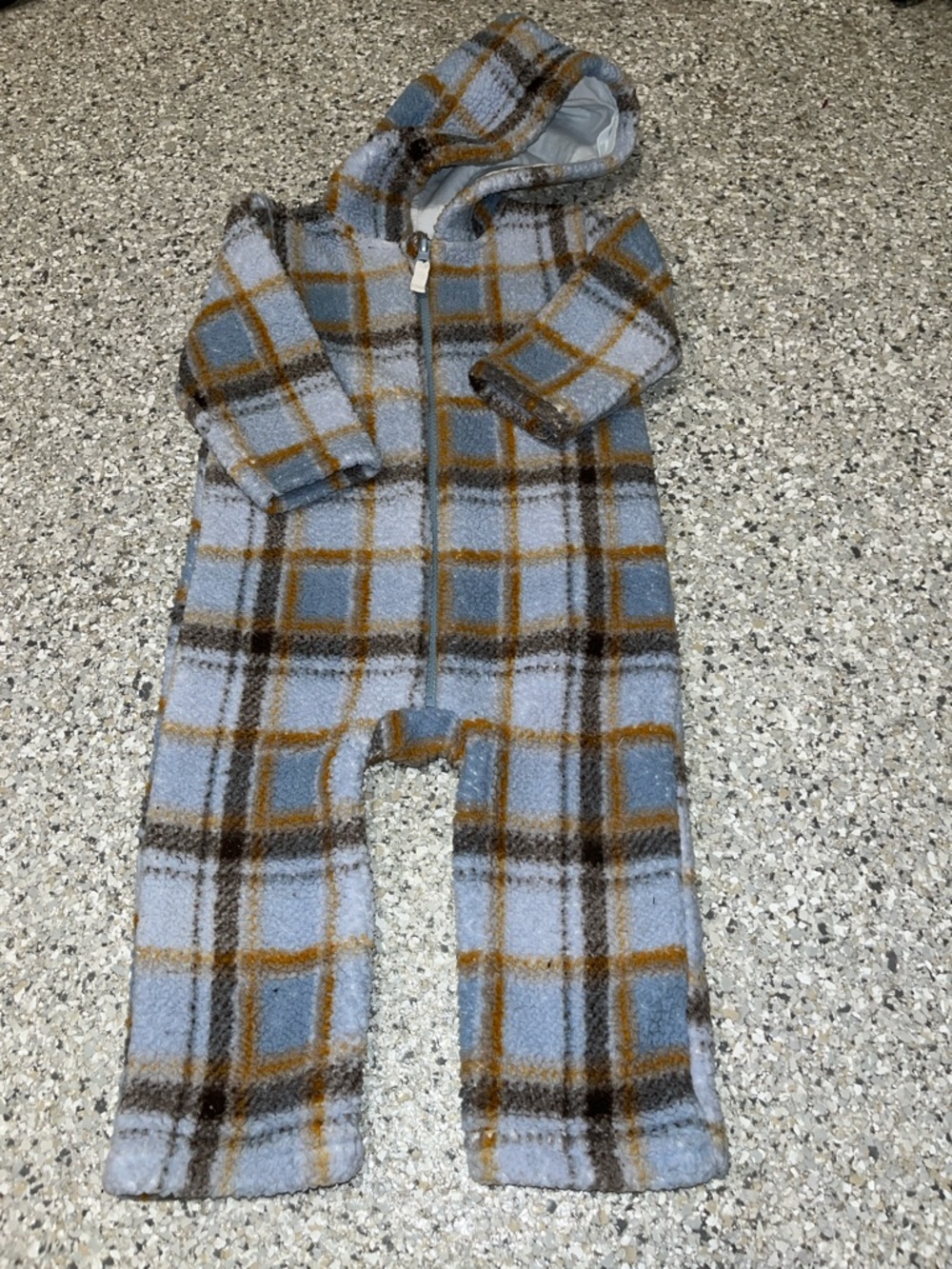 chick pea Hooded Plaid Fleece One-Piece in Light Blue, Brown and Mustard
